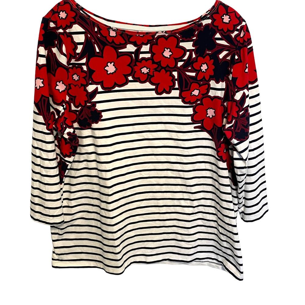 Talbots Black-and-White Striped Top with Red Floral Yoke